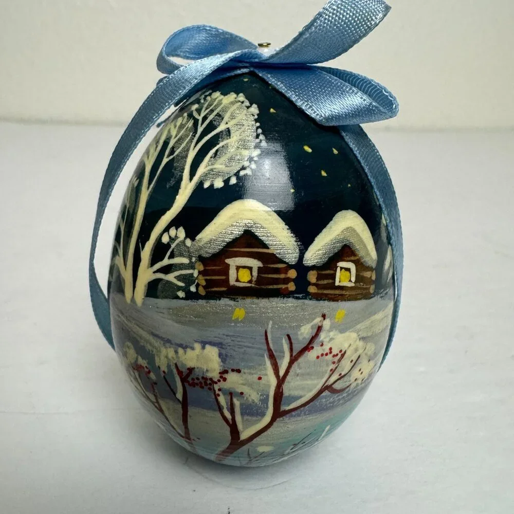Russian Hand Painted Folk Art Lacquer Egg Winter Horse Village Signed